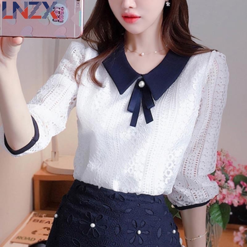 Button-down Lace Bottom Tops for Women's Mid Sleeve Blouse Shirt Summer ...