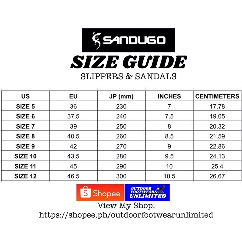 Sandugo sandals size online chart