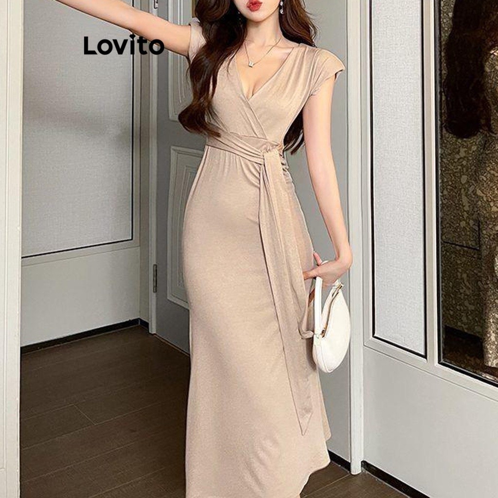 Lovito Women Wrap Lace Up Dress LNE20021 (Apricot) | Shopee Philippines