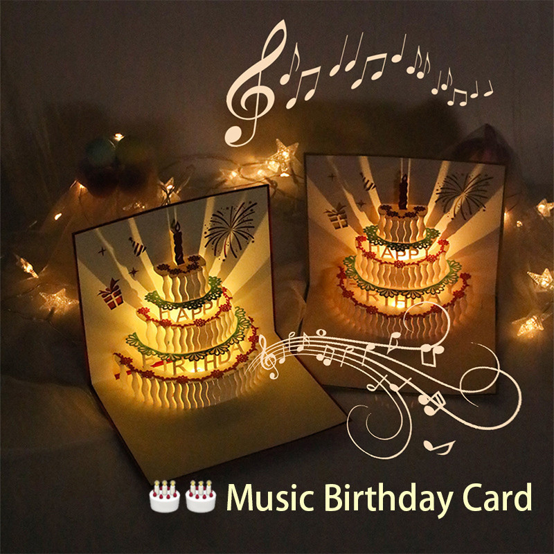 3D Light Music Birthday Card Pop Up Cake Creative Greeting Card Happy ...