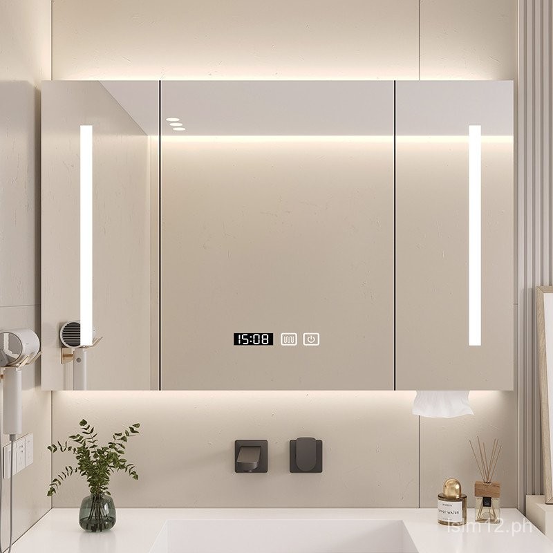 Solid Wood Smart Bathroom Mirror Cabinet Wall-Mounted Bathroom Mirror ...