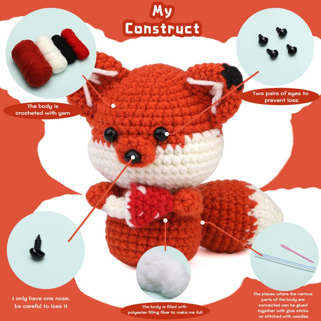 1Set Same Handmade DIY Crochet Knitted Red Fox Doll Material Bag Diy ...