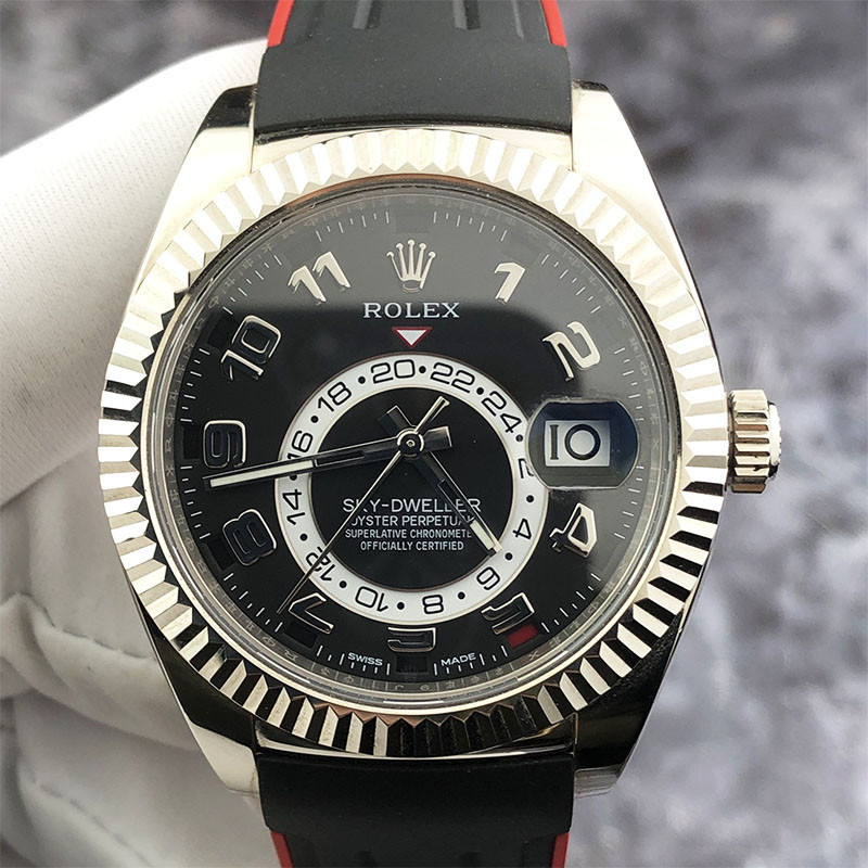 Rolexx Skywalker Series m326139Black White Panda Dial Surface Date Month Calendar Dual Time Zone