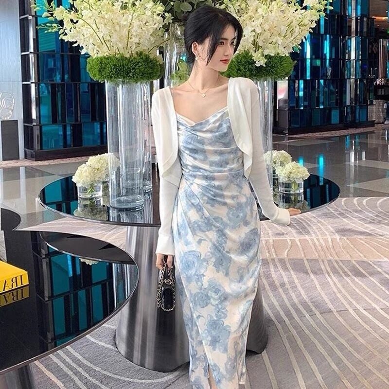 korean fitted halter bodycon long dress with slit formal vintage sky blue  floral dress sleeveless | Shopee Philippines