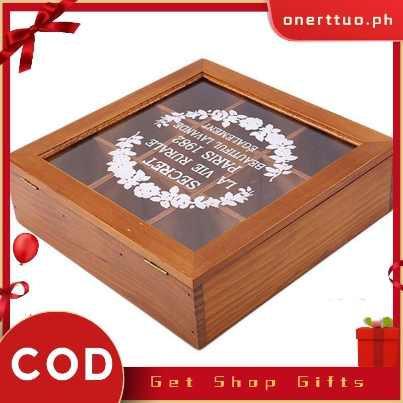 9 Section Wooden Box Compartments Container 24 X 24 X 7Cm Wood Color