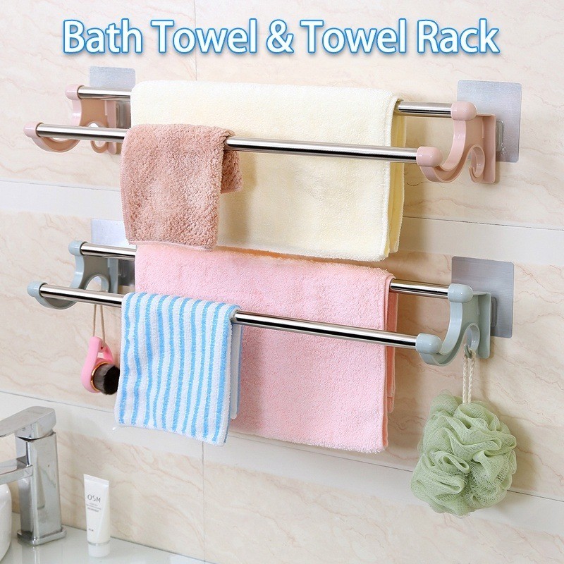Wall Mounted Double Layer Towel Rack with Hook Adhesive Bathroom and ...