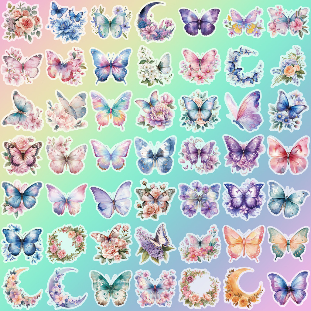 50 Sheets INS Colorful Butterfly Sticker Pack Waterproof Transparent ...