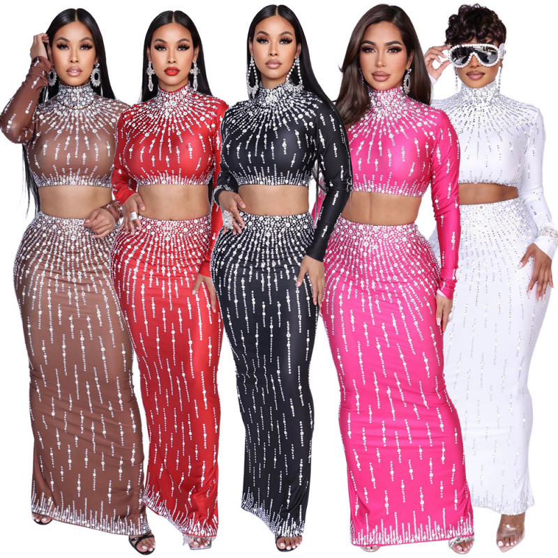 Colorful multi-color long-sleeved top sheath split dress Party suit ...