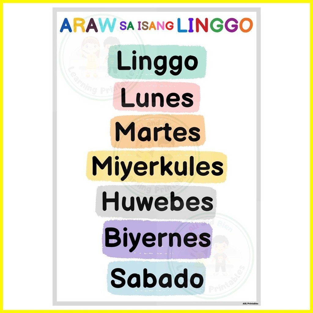 ¤ Laminated Days of the Week Chart | Araw sa isang Linggo | Months of ...