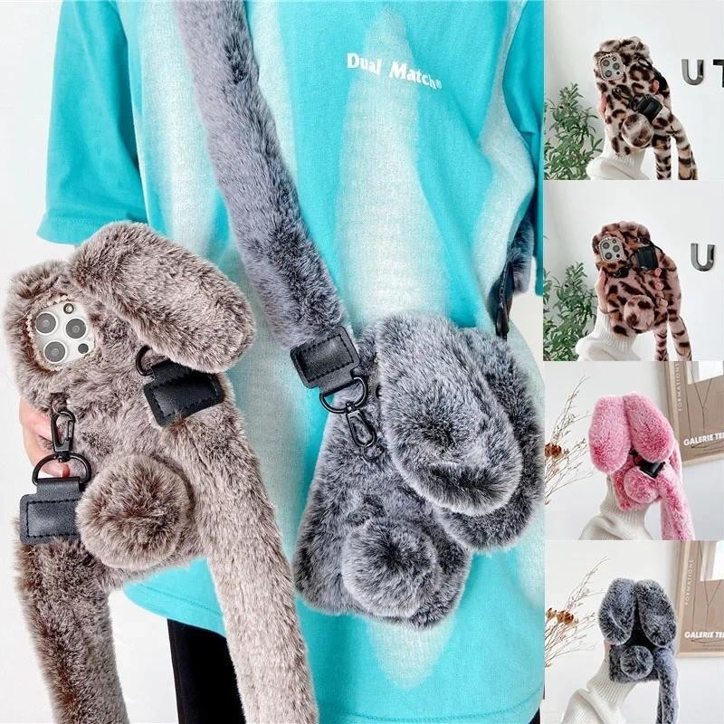 Neck Strap Cute Rabbit Ears Fur Plush Phone Case For Samsung Galaxy S24 ...