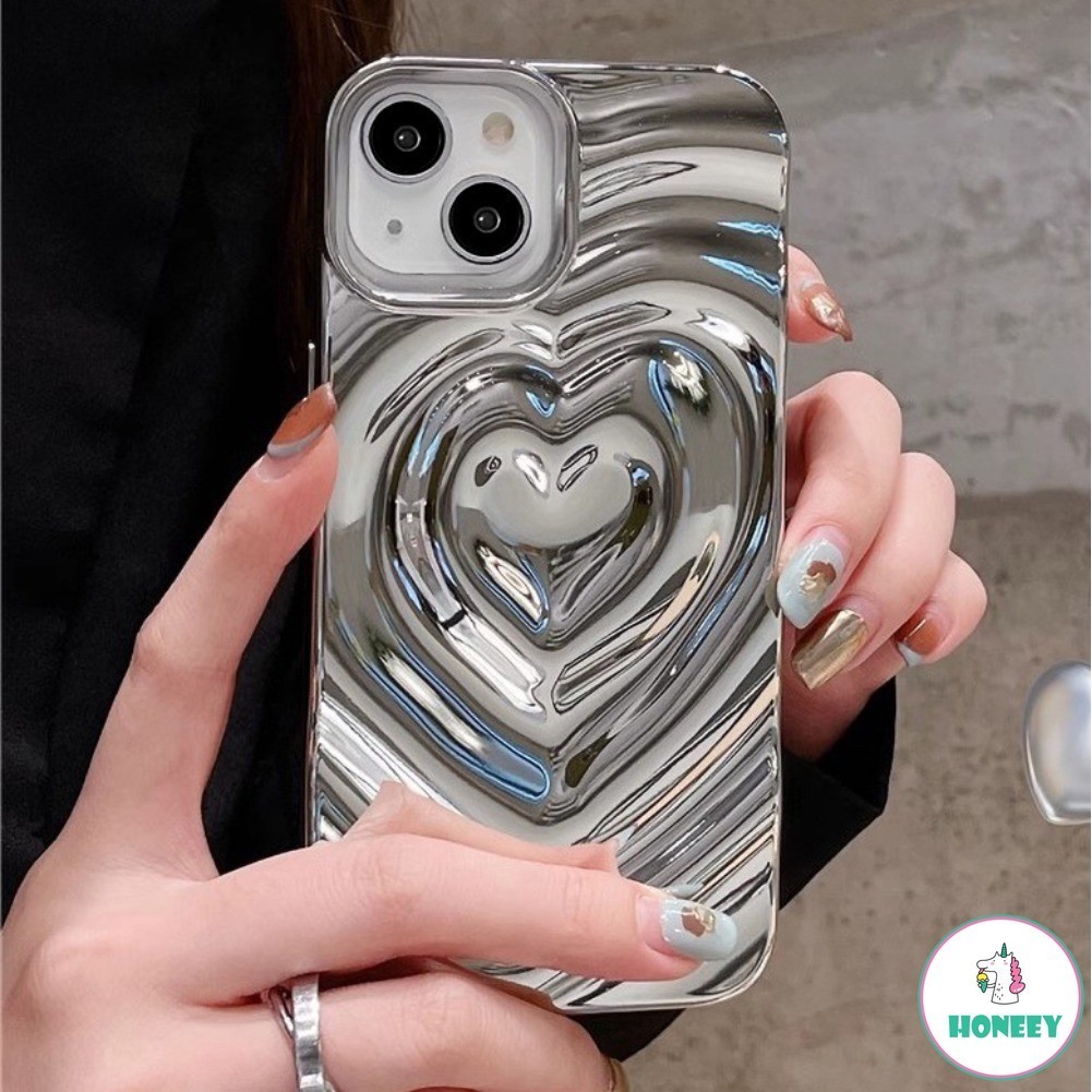 Luxury Plating Silver Pleated Relief Heart Phone Case Compatible for ...
