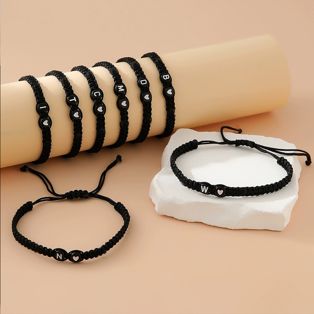 Simple Black Rope Braided Bracelet Love Heart A-Z Letters Adjustable ...
