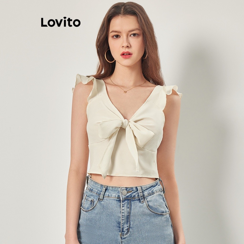 Lovito Women Casual Plain Lace Up Frill Tie Front Crop Tank Top ...