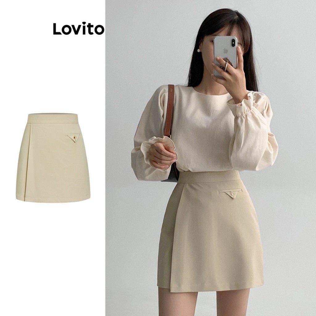 Lovito Women Double Layer Asymmetrical Skirts L68ED328 (Khaki) | Shopee ...