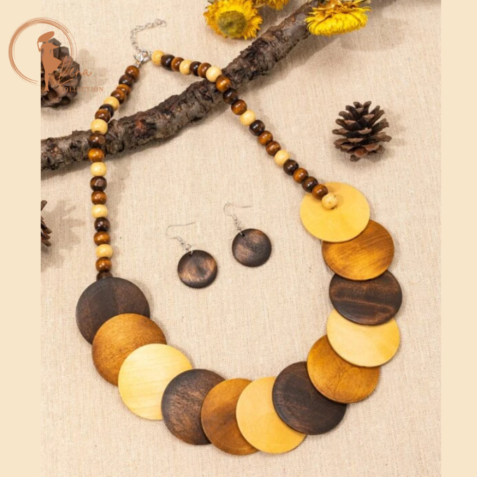 3pcs set Bohemian Style Wood Round Decor Earring and Necklace Jewelry