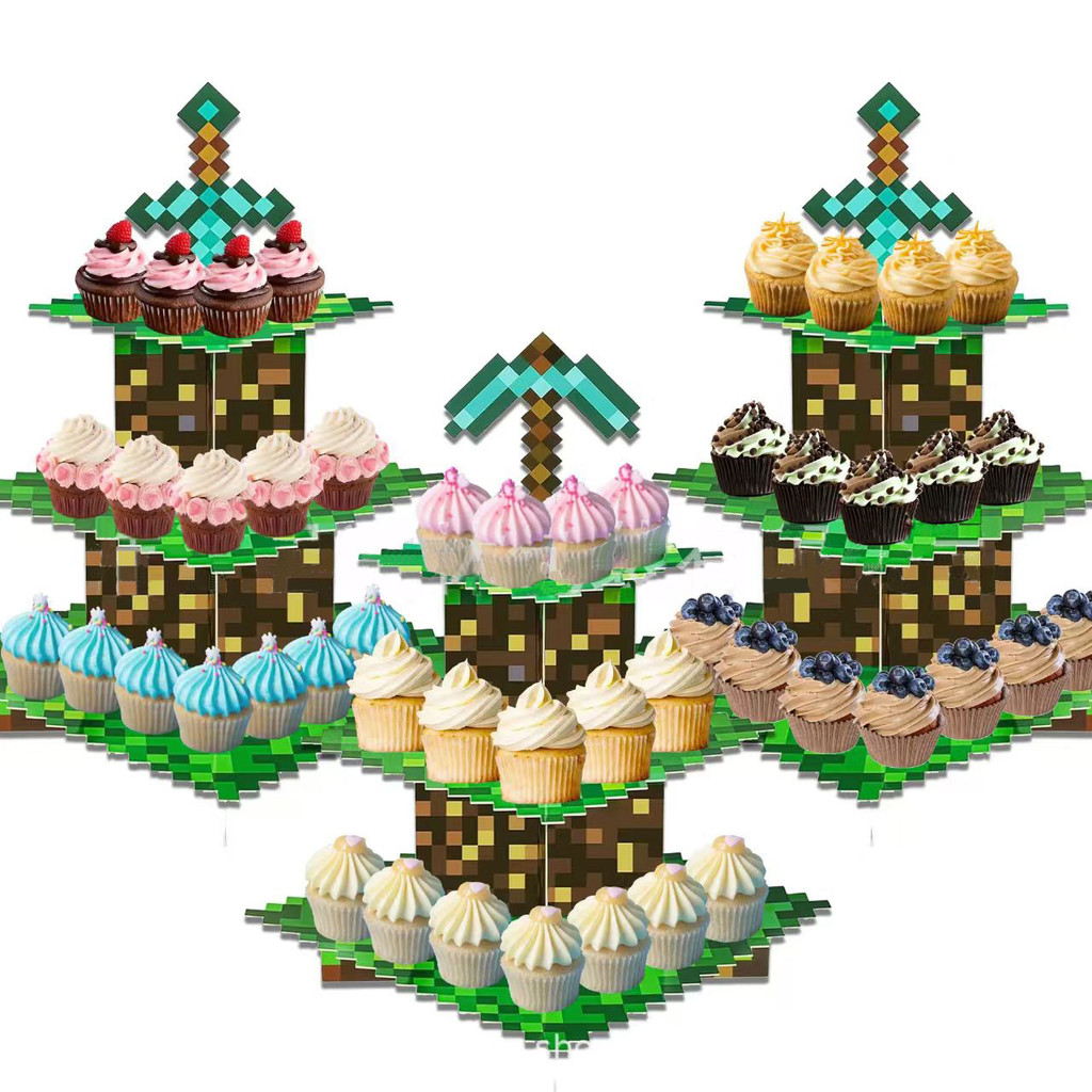 Minecraft Theme Cake Stand 3 Tier Cupcake Holder Stand My World Dessert ...