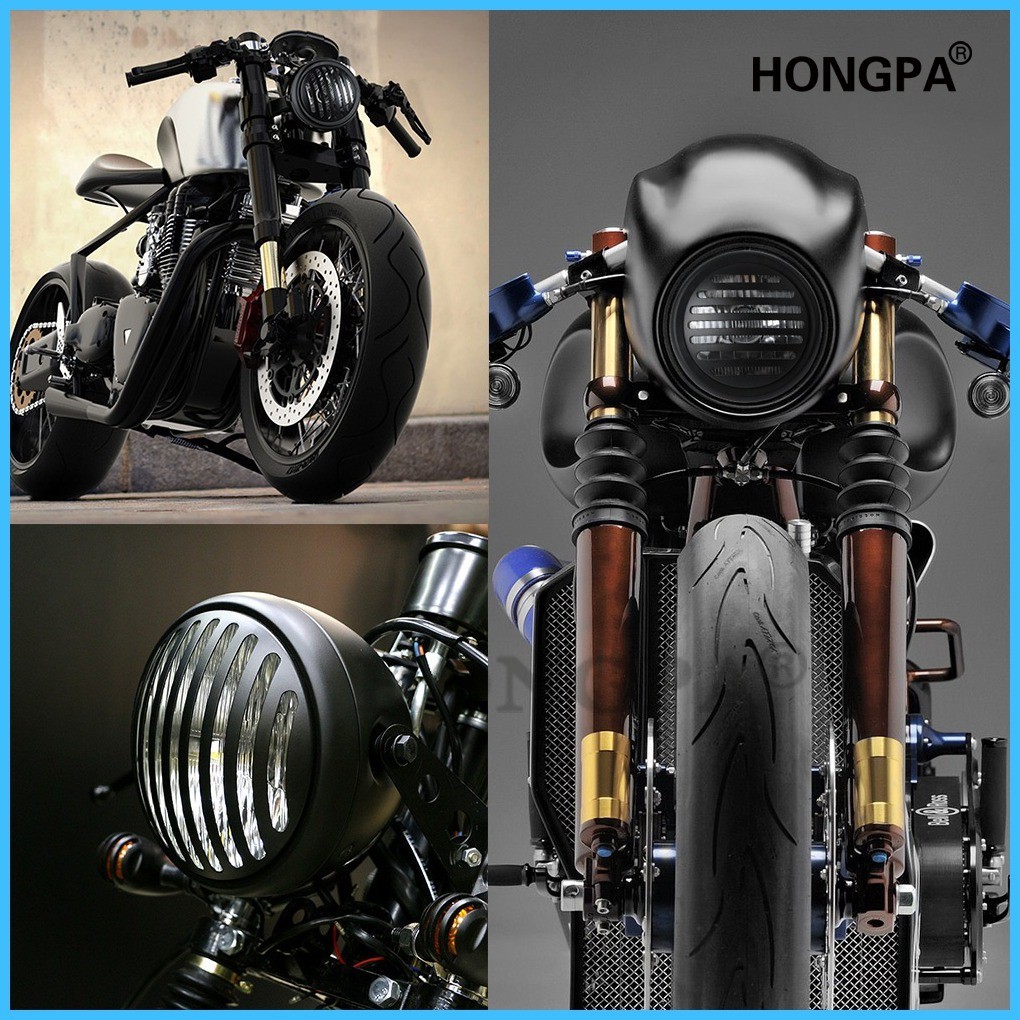 Motorcycle headlight Black Metal Grille Headlight Retro Round Yellow