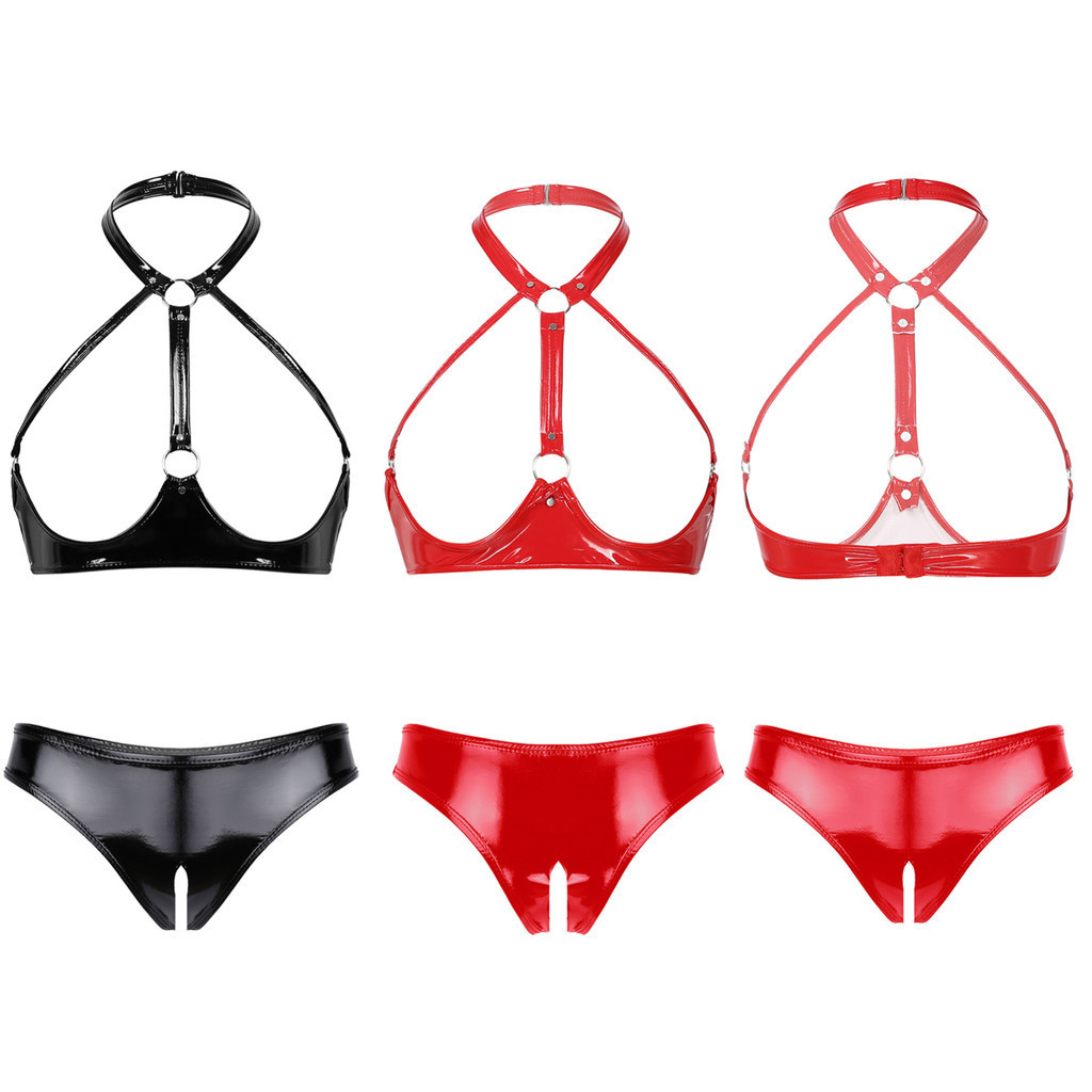 Lorilida Womens Wet Look Patent Leather Lingerie Set Underwear Halter