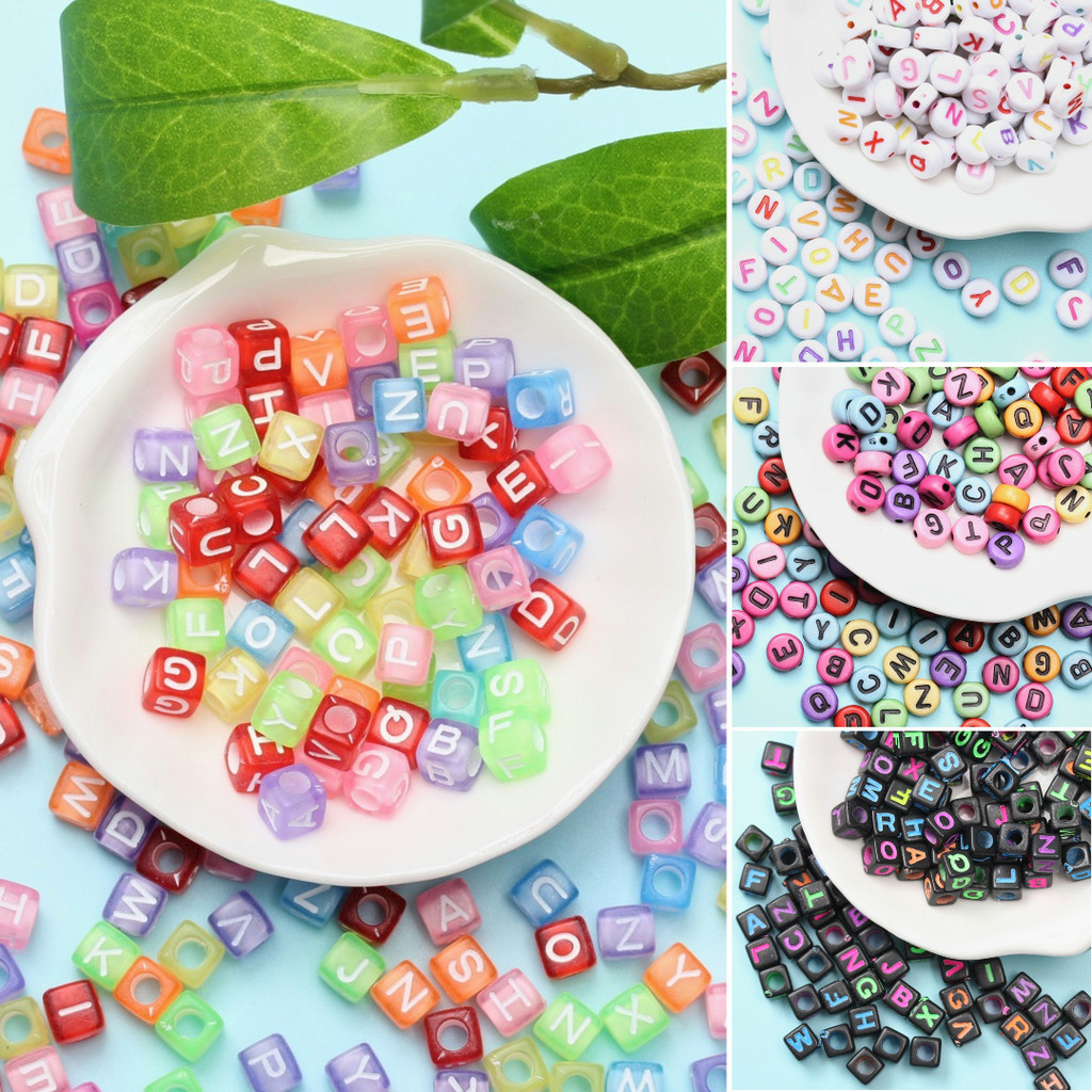 200pcs Acrylic Random Color Letter Square/Flat Round Beads DIY Jelwelry ...