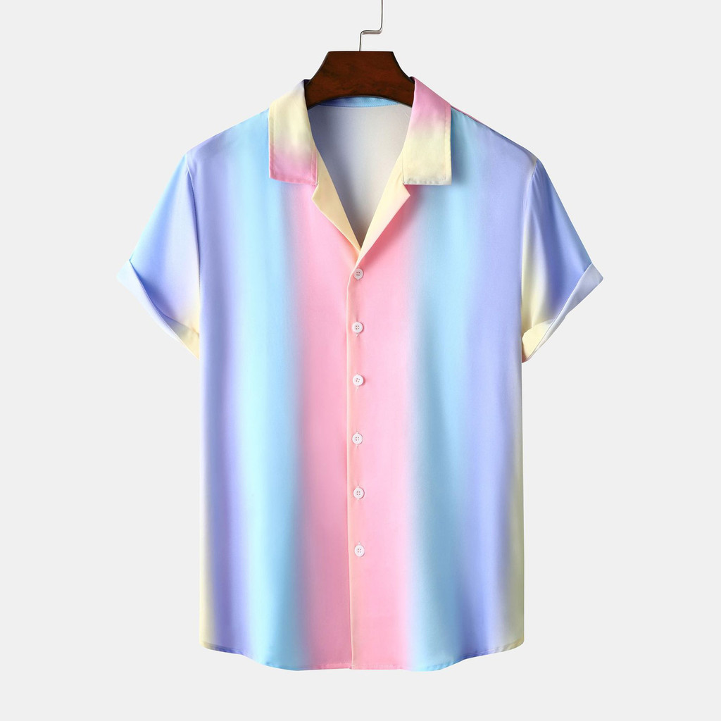 Rainbow Button Shirts Color Block Shirt Lapel Collar Men's Shirts Short ...