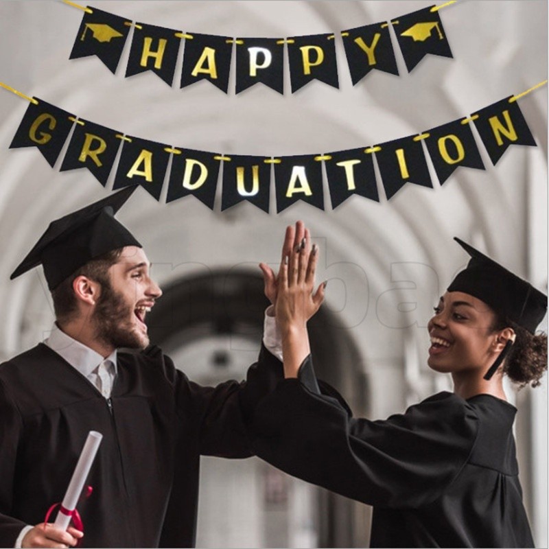 Happy Graduation Banner Black+Gold Doctor Hat Triangle Flag Glitter ...