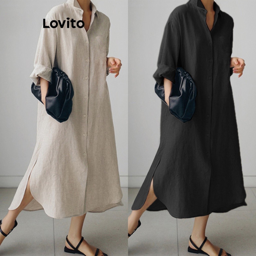 Lovito Women Button Front Split Dress LNE20158 (Light Khaki) | Shopee ...