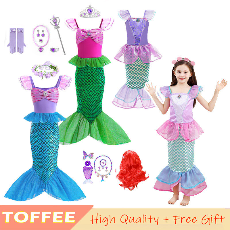 Princess Ariel Purple Pink Blue Dress For Kids Girl Mermaid Fishtail ...