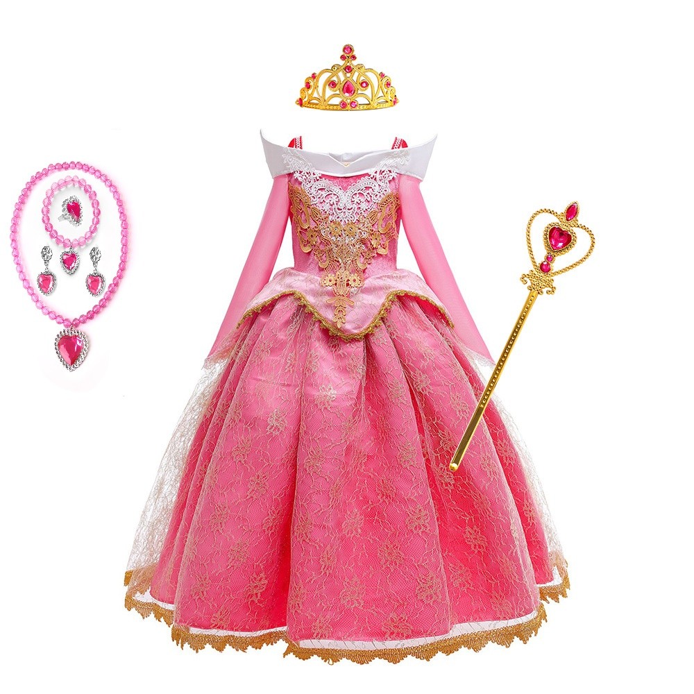 Girls Sleeping Beauty Aurora Princess Dress Long Sleeves Lace Robe Kids ...
