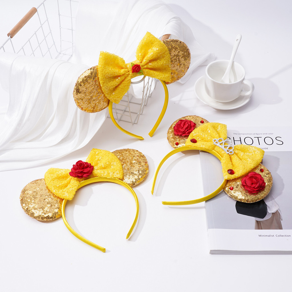Sequined Bow Headband Yellow Belle Princess Rose Hair Accessories ...