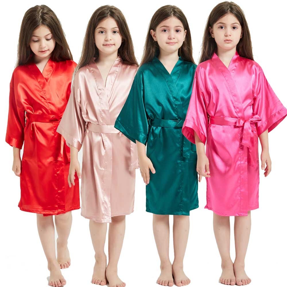 3-13Y Boy Girl Bathrobe Pink Satin Silk Kids Robes Sleepwear Children's ...