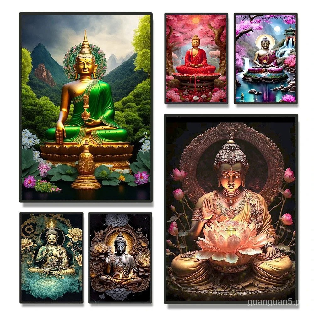 Religious Buddha With Flowers Canvas Painting Wall Art Buddhism Buddha ...