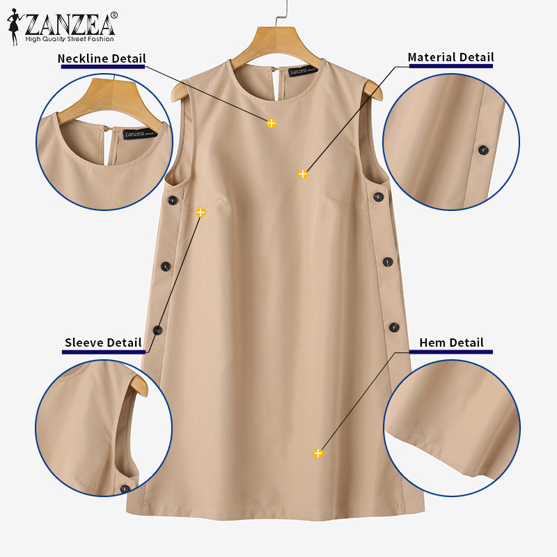 Zanzea Women Korean Fashion Loose Short Sleeveless Side Button Round Neck Dress Shopee Philippines