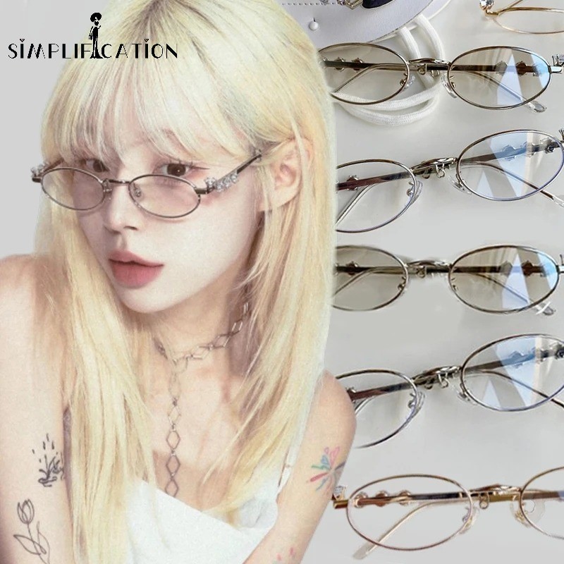 1 PC Simple Metal Oval Shades Glasses Women Men Vintage Diamonds Small ...