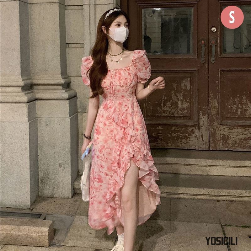 Monotone Floral Slit Sleeve Dress（High Slit Floral Dress Women  