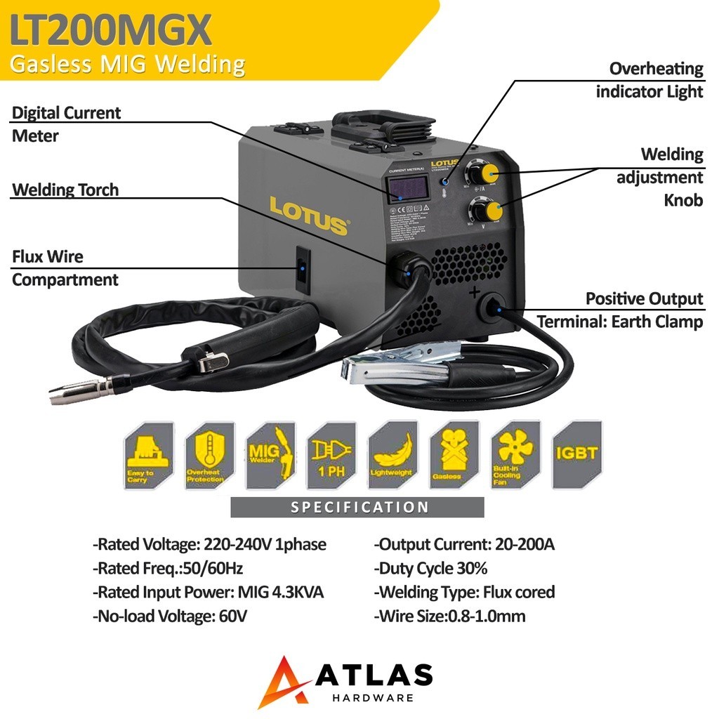 ♞LOTUS LT200MGX Flux Cored Inverter Welding Machine Gasless MIG 200A