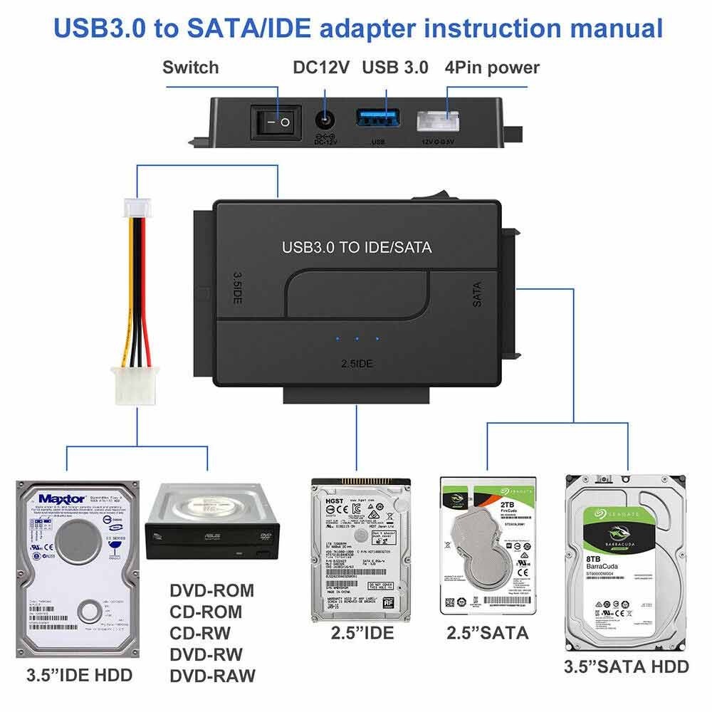 USB 3.0 to IDE & SATA Converter External Hard Drive Adapter Kit 2.5