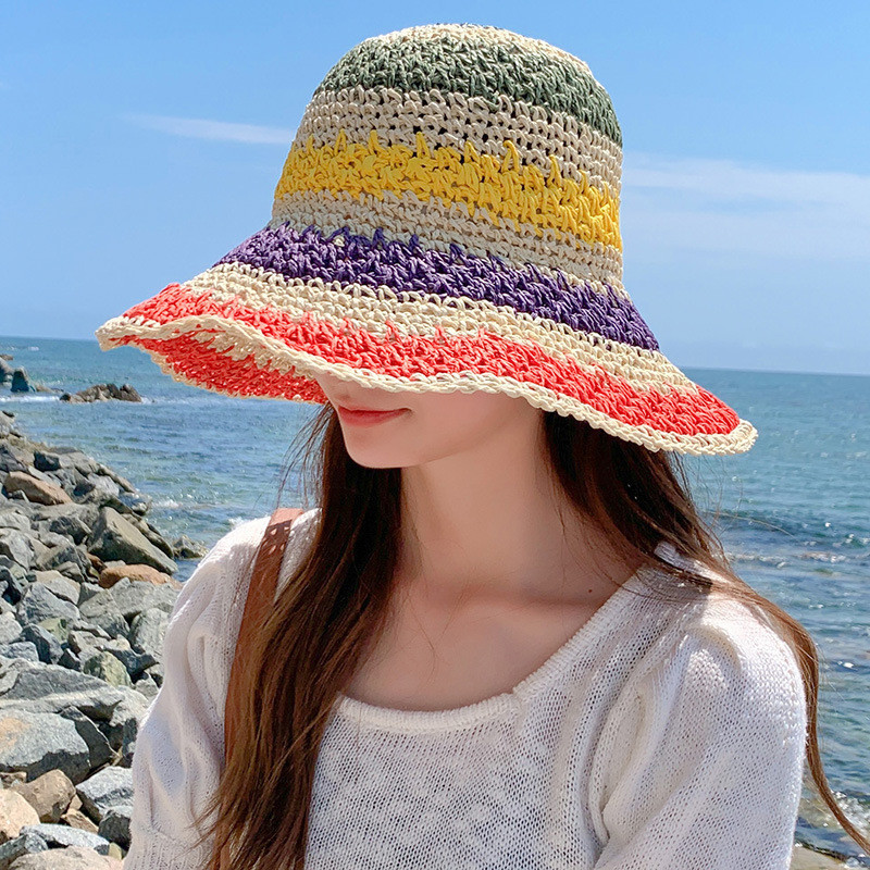 Rainbow Color Womens Straw Hats Straw Hat Panamas UV Protection Sun ...