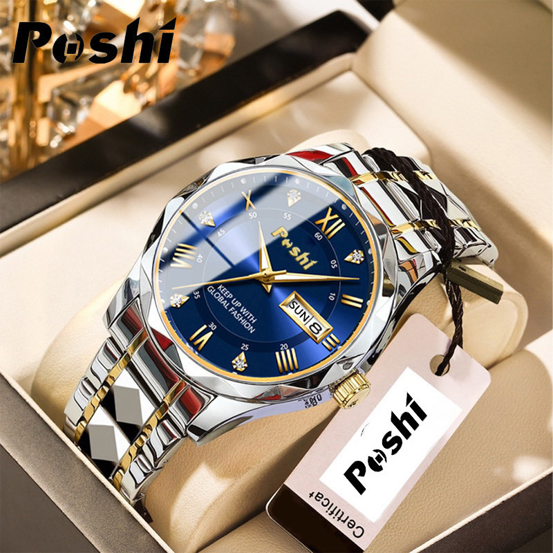 POSHI Men's Original Luxury Business Stainless Steel Gold Black Fashion  Waterproof Quartz Watch Luminous Automatic Date Swiss Wrist Watch for Men