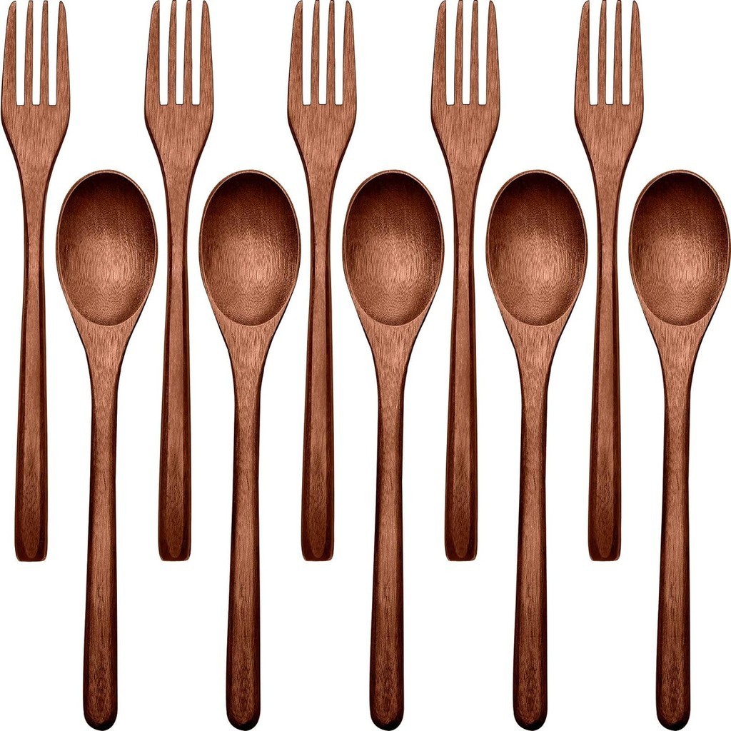 10 Pcs Wooden Spoons Forks Set Utensil Set Reusable Natural Flatware ...