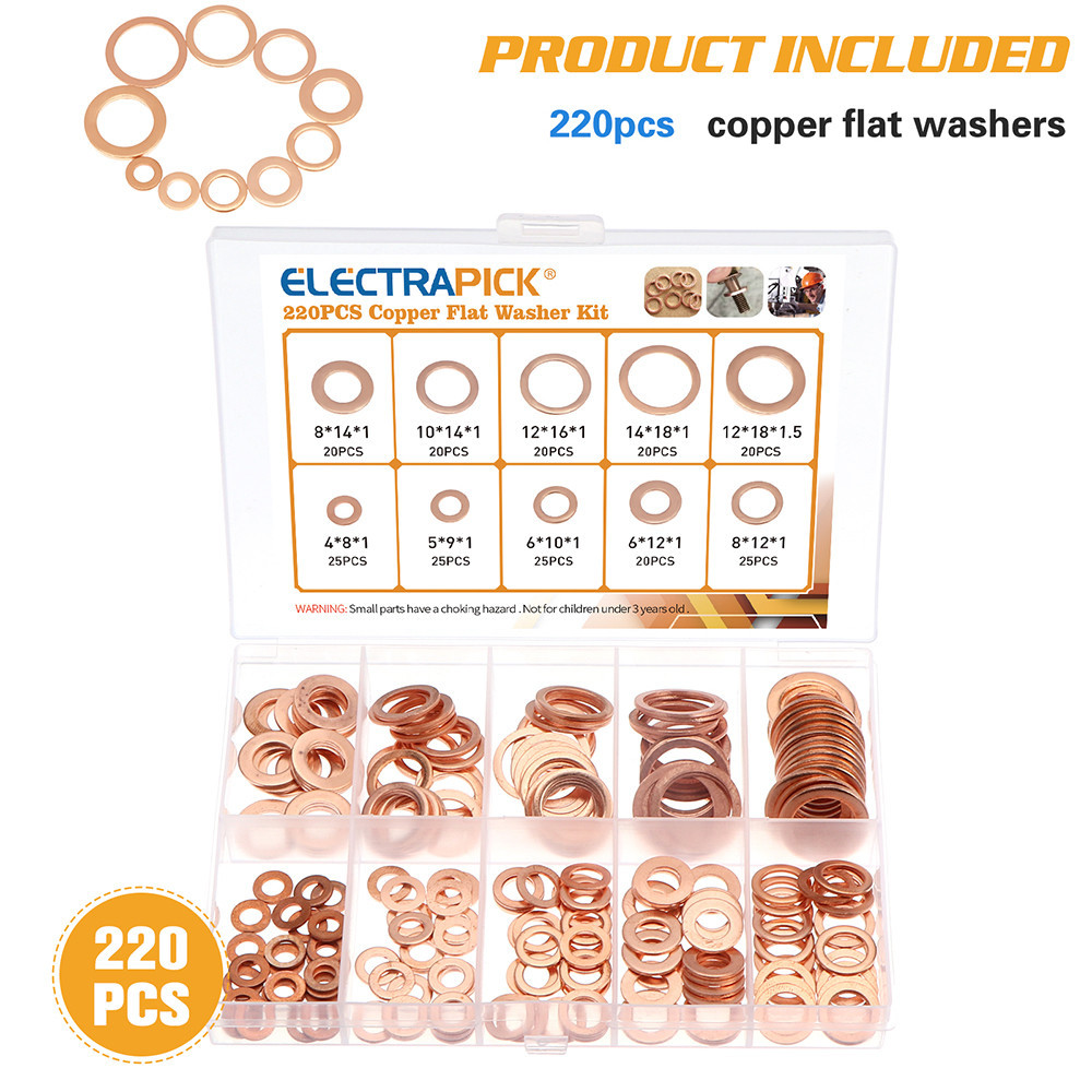 180/220/360PCS Flat Washers Sealing Rings Copper Flat Assortment Brass ...