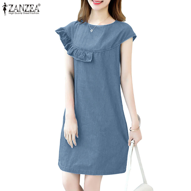ZANZEA Women Korean Casual Ruffles Short-Sleeved Tie Plain Color Dress ...
