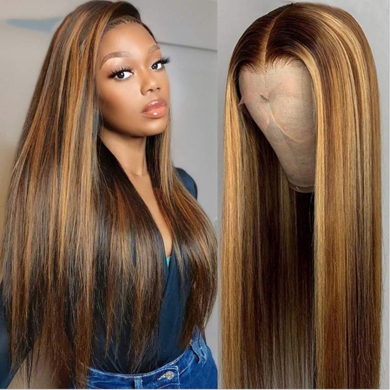 Women's Medium Parted Long Straight Hair Tricolor Gradient Wigs ...