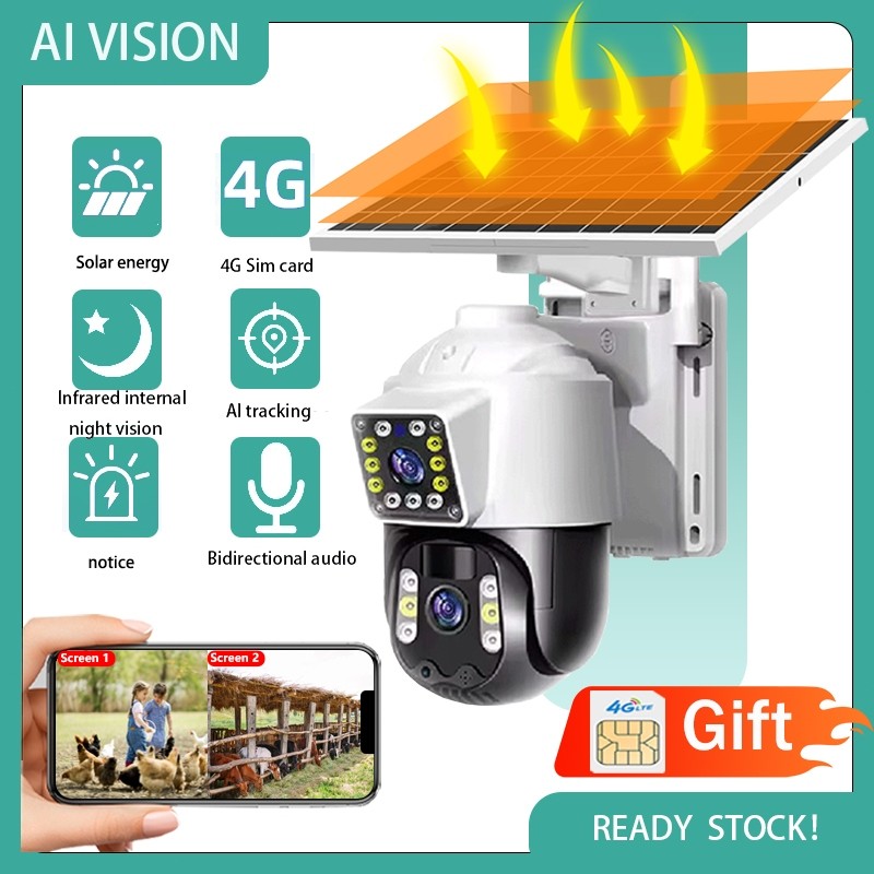 4G SIM solar outdoor CCTV wireless camera, lP66 waterproof dual lens ...