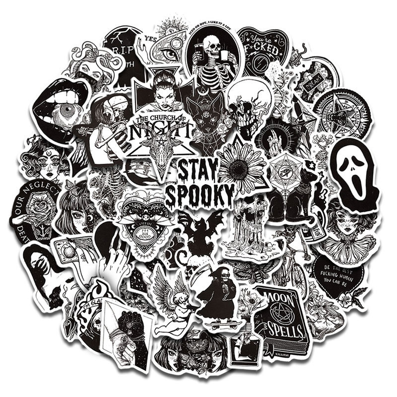 50PCS Black and White Punk Style Gothic Waterproof Graffiti Stickers ...