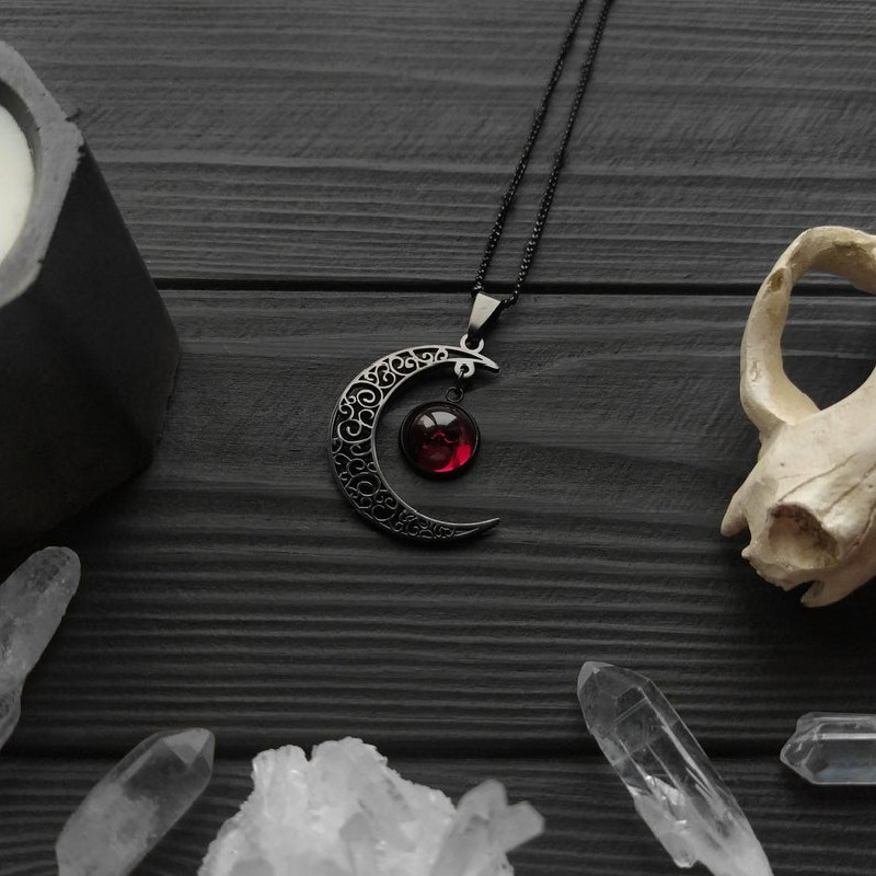 Punk Gothic Black Moon Pendant Necklace Bohemian Style Black Flower ...