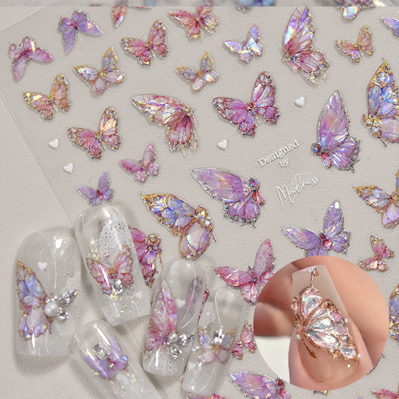 Butterfly Nail Sticker D Engraved Decals Pink Blue Purple Glitter Butterfly Nails Decoration