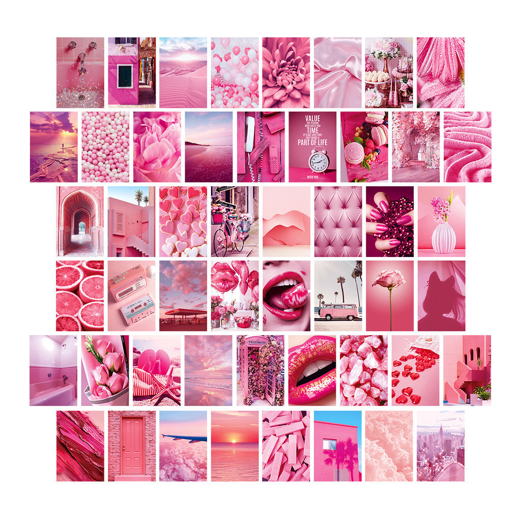 50pcs Hot Pink Wall Collage Kit Trendy Room Decor For Bedroom And