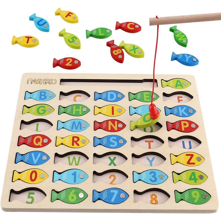 Magnetic Wooden Fishing Game Toy for Toddlers, Alphabet Fish Catching ...