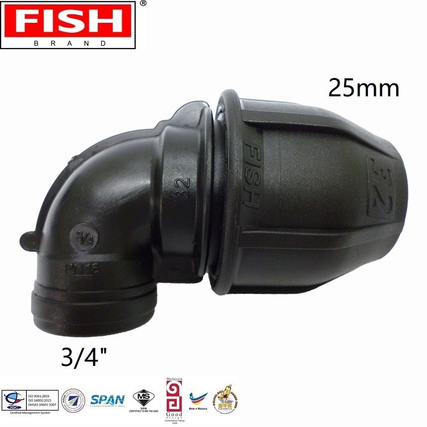 Brand Fish Push Fit PolyPropylene PN16 Compression Fittings 25mm x 3/4 ...