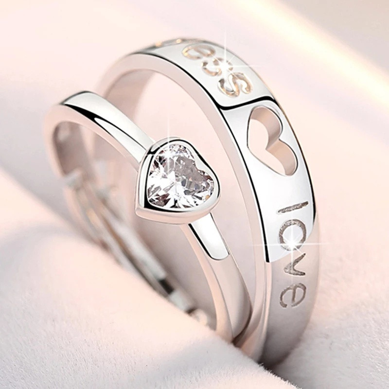 Couple Ring Rings with Box Promise Ring Adjustable Singsing Silver Ring ...